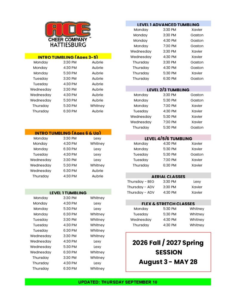 REC Class Schedule by Levels - FALL 2026